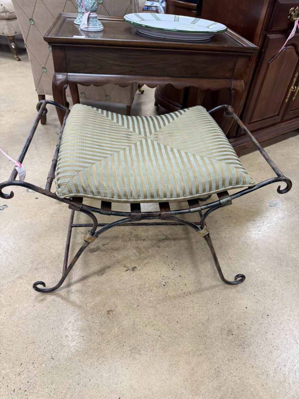 Metal Brushed Gold & Green Stripe Cushion Stool