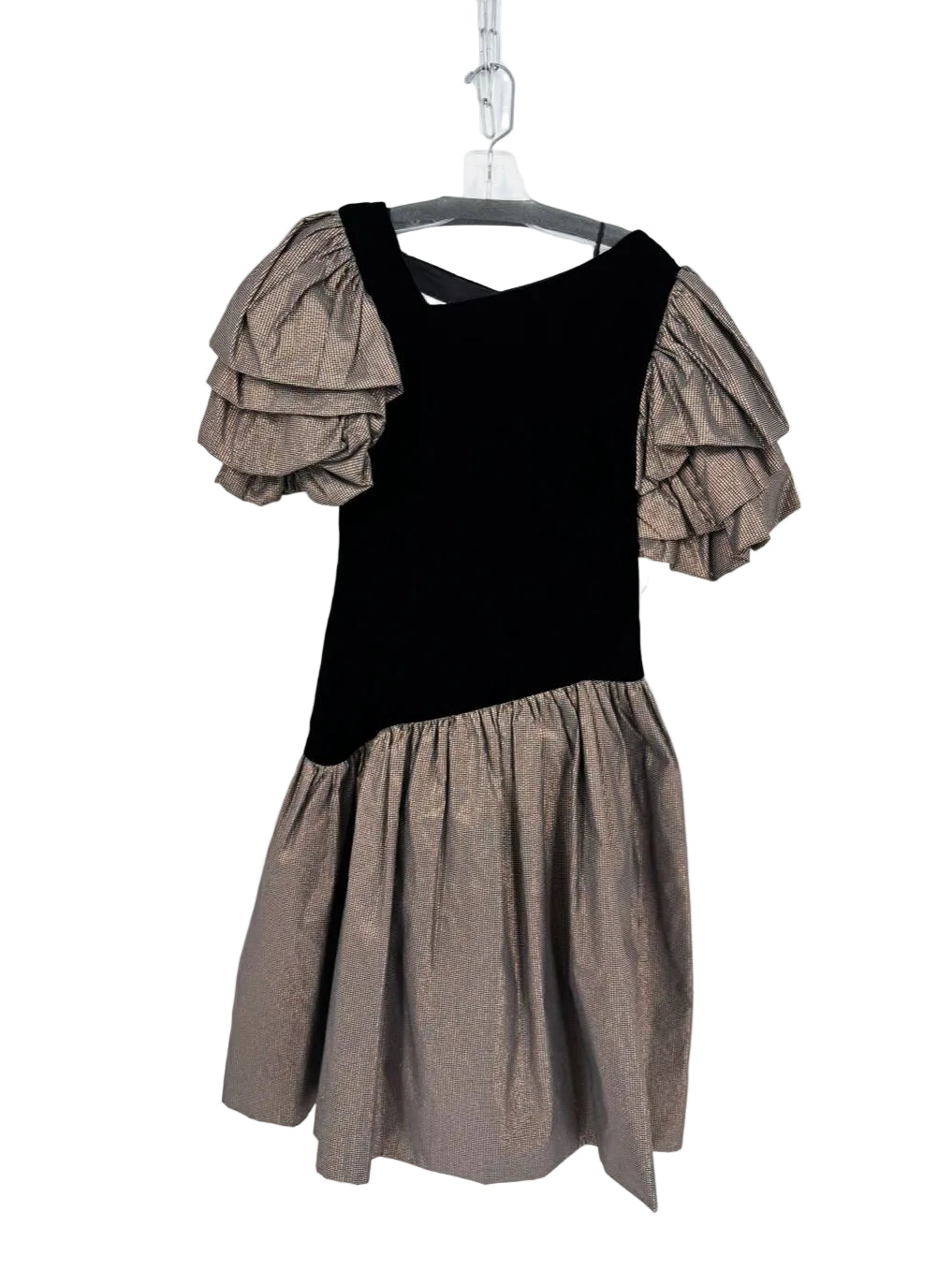 VINTAGE MORTON MYLES FOR THE WARRENS Wmn's Size 10 Black & Rose Gold Velvet Puff Sleeve Cocktail Dress