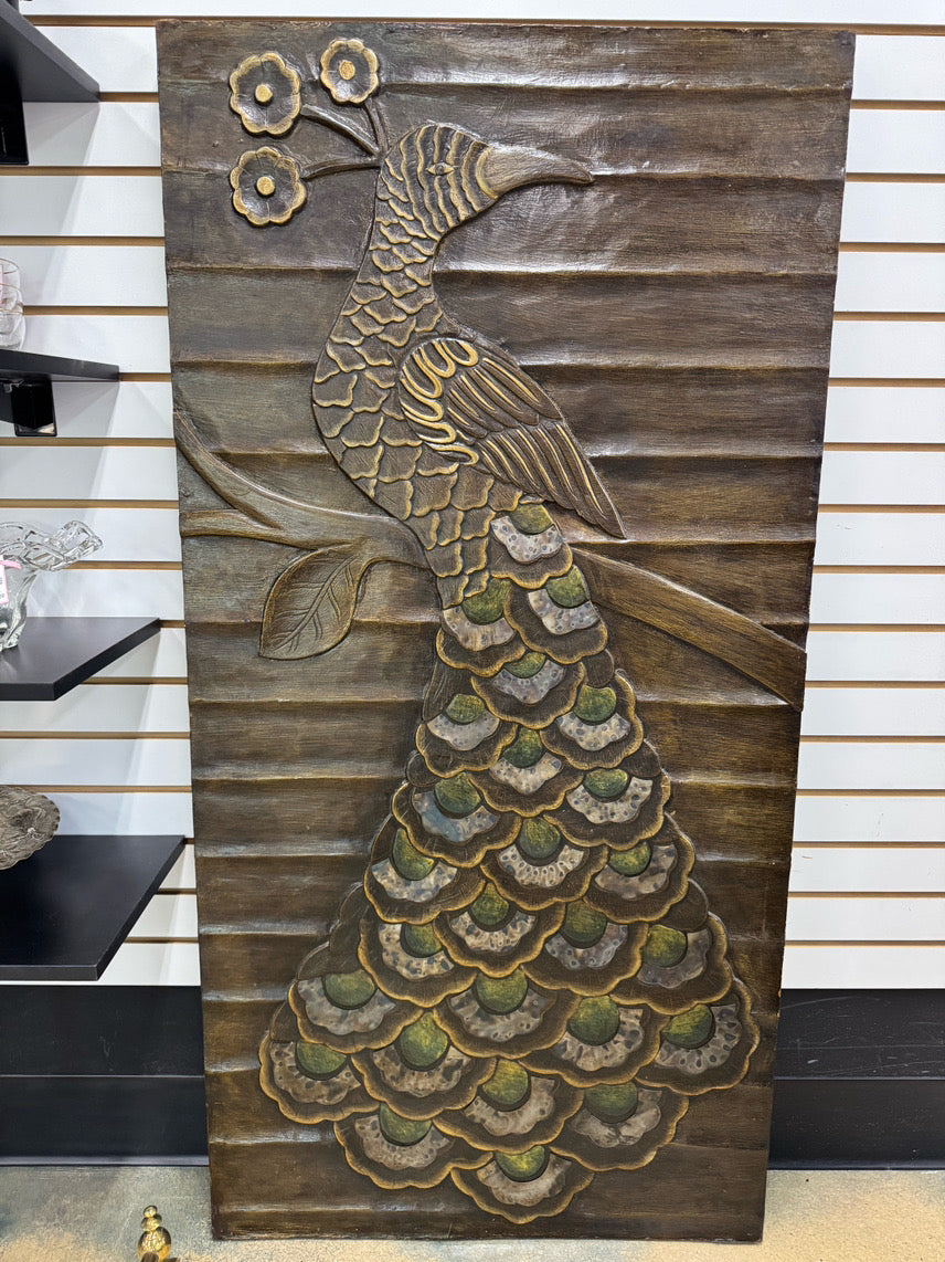 Carved Wood Peacock Panel