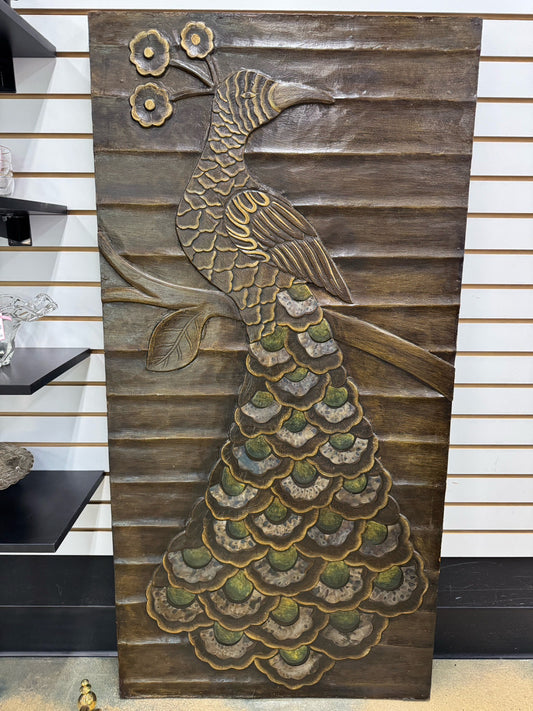 Carved Wood Peacock Panel
