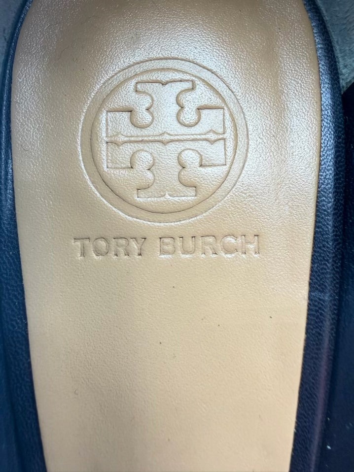 TORY BURCH WMNS Size 7 Navy Leather Gold Toe Wedge