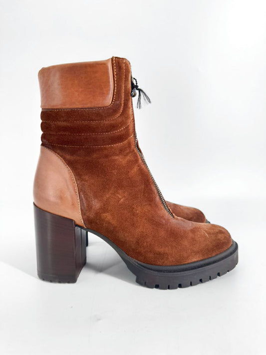 EMANUELE CASTRO Size 9 Chestnut Leather & Suede Booties