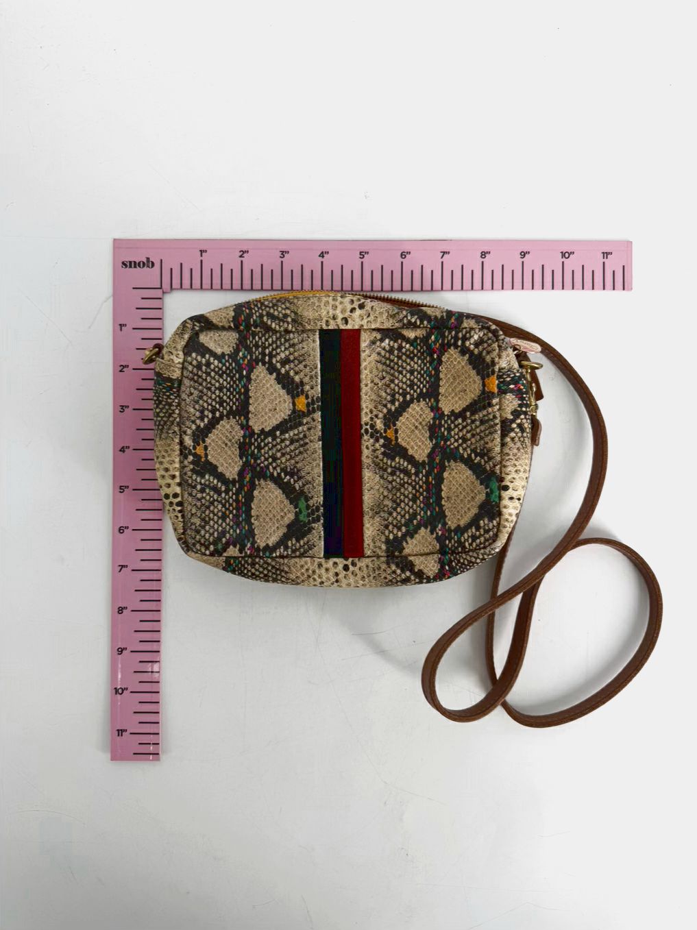 CLARE V. Midi Sac Navy & Red Stripe Snake Embossed Leather Crossbody Bag