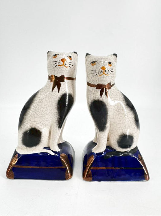 Black, White & Blue Ceramic Staffordshire Pair of Cat Figurines