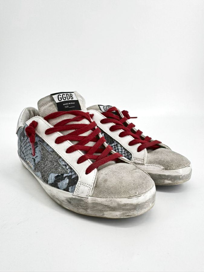GOLDEN GOOSE Size 38 Blue, Gray & Red Leather Animal Print Sneakers