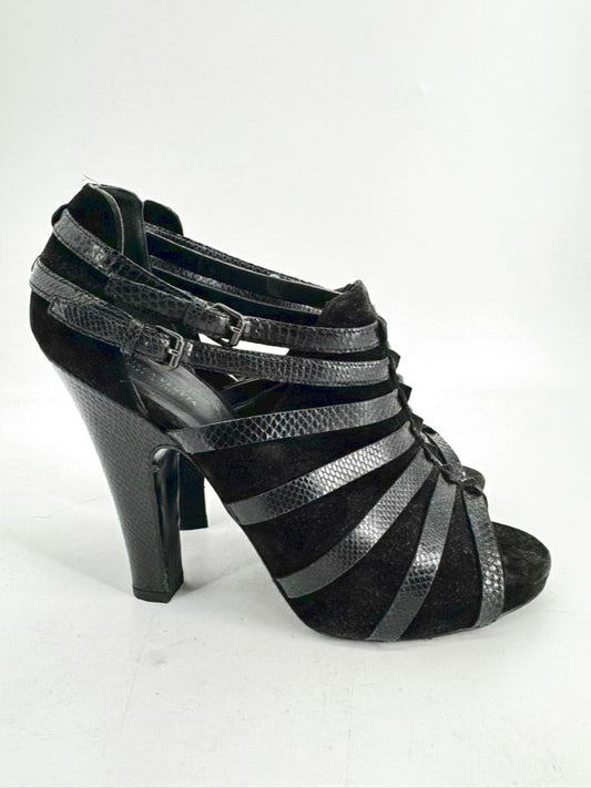 BOTTEGA VENETA Size 40 Black Suede & Embossed Leather Strappy Peep Toe Heels