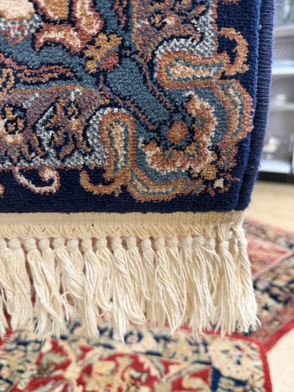 KURDAMIR Navy, Salmon Oriental Area Rug w/ Fringe