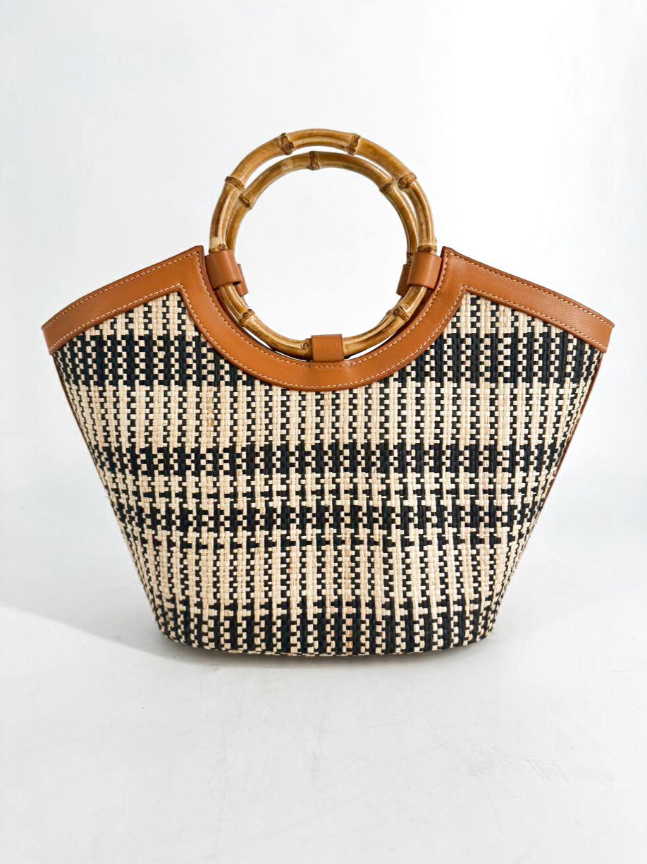J MCLAUGHLIN Cream & Black Rattan Purse
