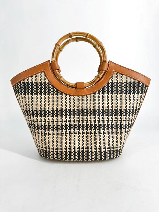 J MCLAUGHLIN Cream & Black Rattan Purse