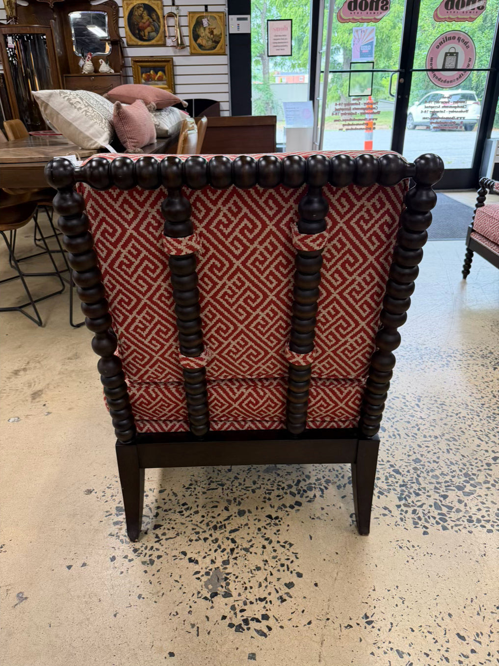 Wood Spindle Pair Of Chairs w/ Rust & White Fabric
