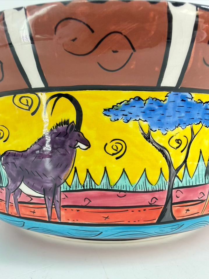 ZIMBABWE Multi Colored Hand Painted Jungle Animals Ceramic Casserole Dish