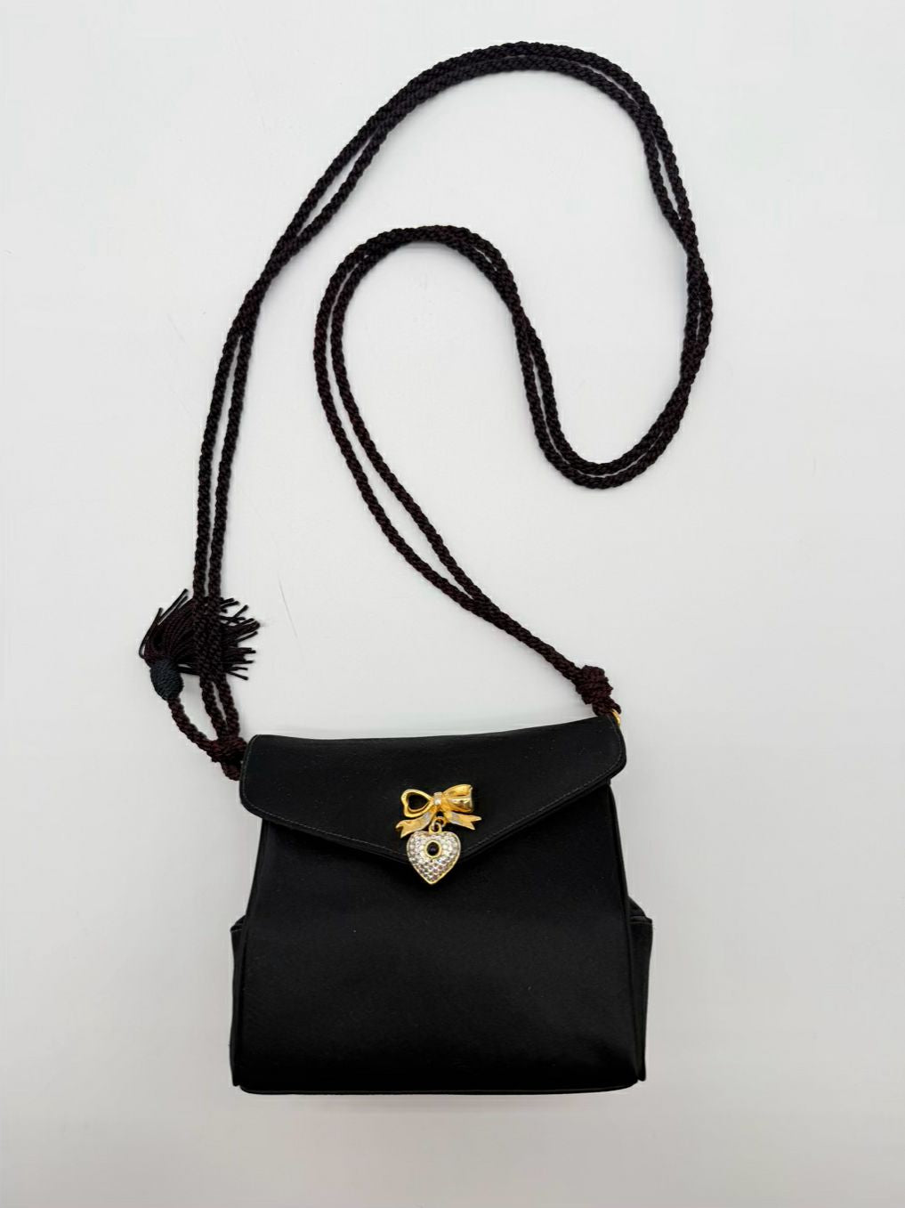 JUDITH LEIBER Black Satin Evening Bag w/ Gold Tone Heart Clasp