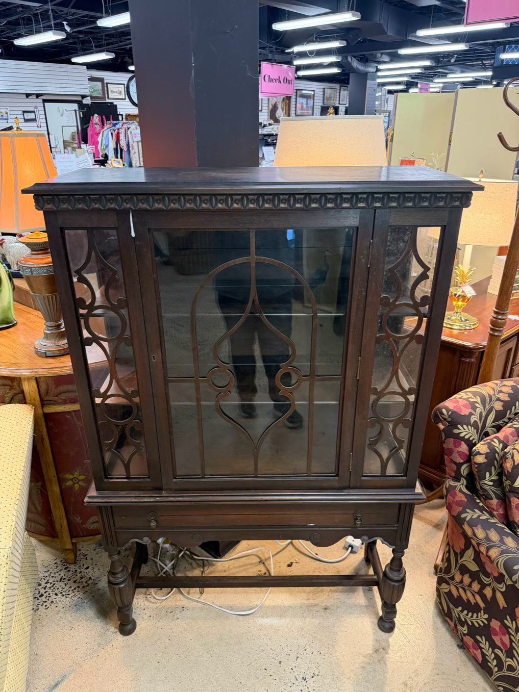 VINTAGE Dark Wood China Cabinet w/ Glass Door
