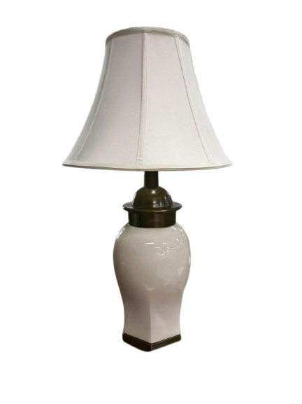 Cream Ceramic Lamp w/ Brushed Gold Trim & Ivory Shade