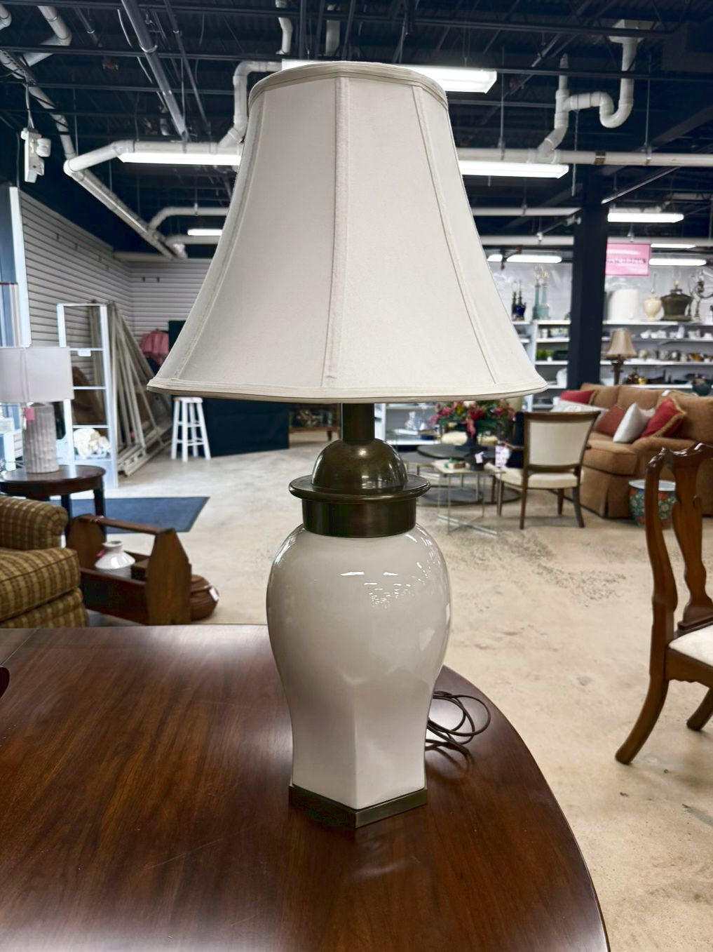 Cream Ceramic Lamp w/ Brushed Gold Trim & Ivory Shade