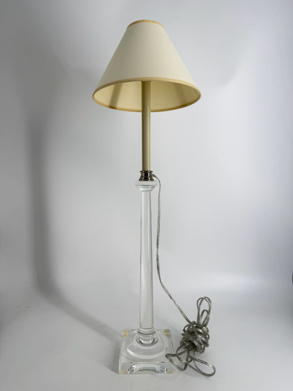Clear Acrylic Pair Of Tall Candlestick Lamps w/ Shades