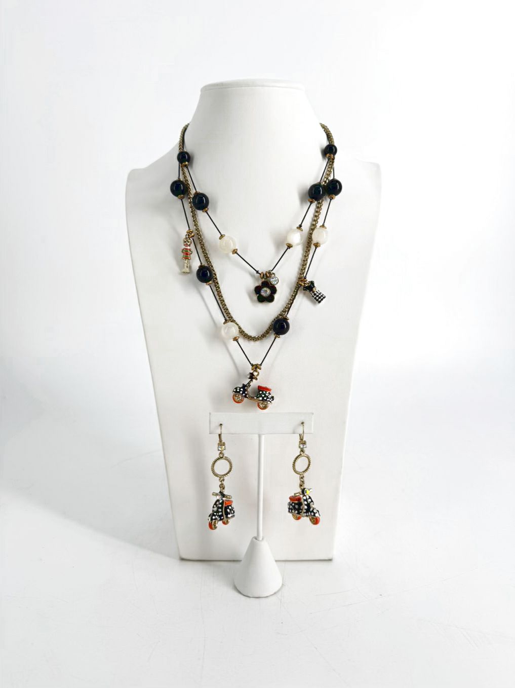 BETSY JOHNSON Black & Gold Mod Collection Polka Dot Moped Necklace & Earring Set