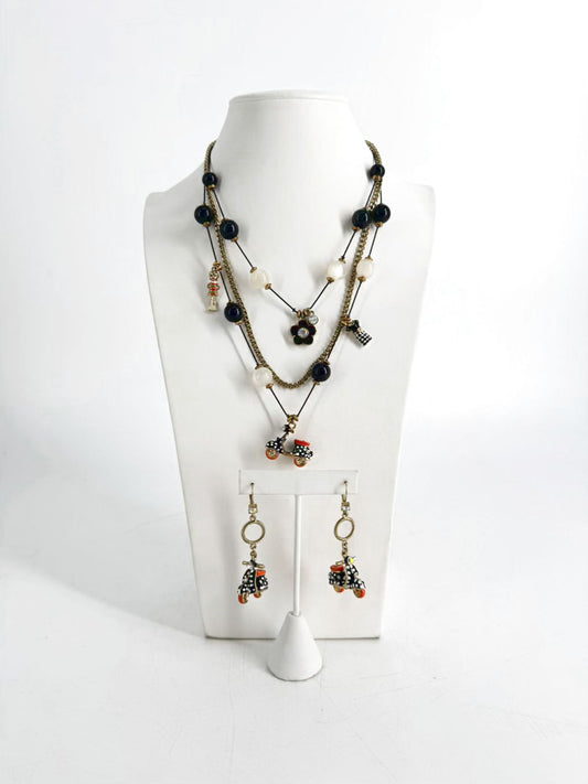 BETSY JOHNSON Black & Gold Mod Collection Polka Dot Moped Necklace & Earring Set