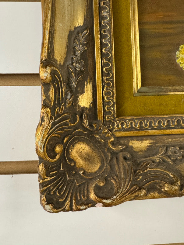 S. JOHNSON Orange & Purple Flowers in Vase Painting in Gold Frame
