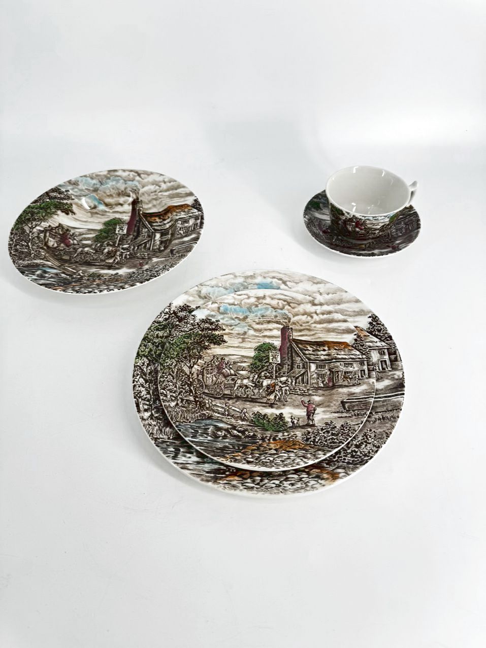 WOOD & SON Brown & White Ironstone "The Posthouse" Dinner Set for 4