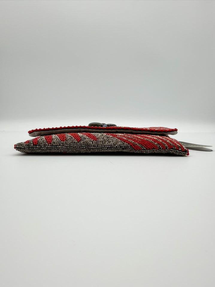 MARY FRANCES Follow Me Beaded Rust & Silver Animal Print Clutch Bag NWT