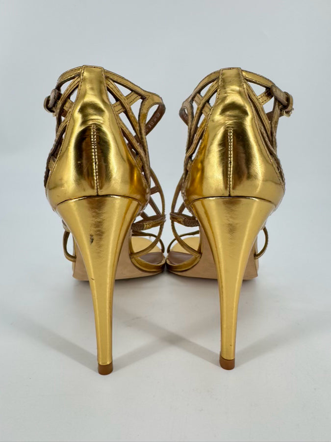 TORY BURCH Size 10 Gold Amalie Metallic Cage Heels