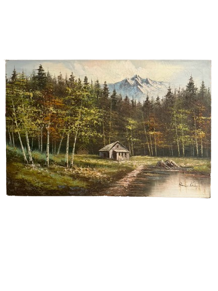 BRUCE PERRY Mountain Scene w/ Cabin Painting