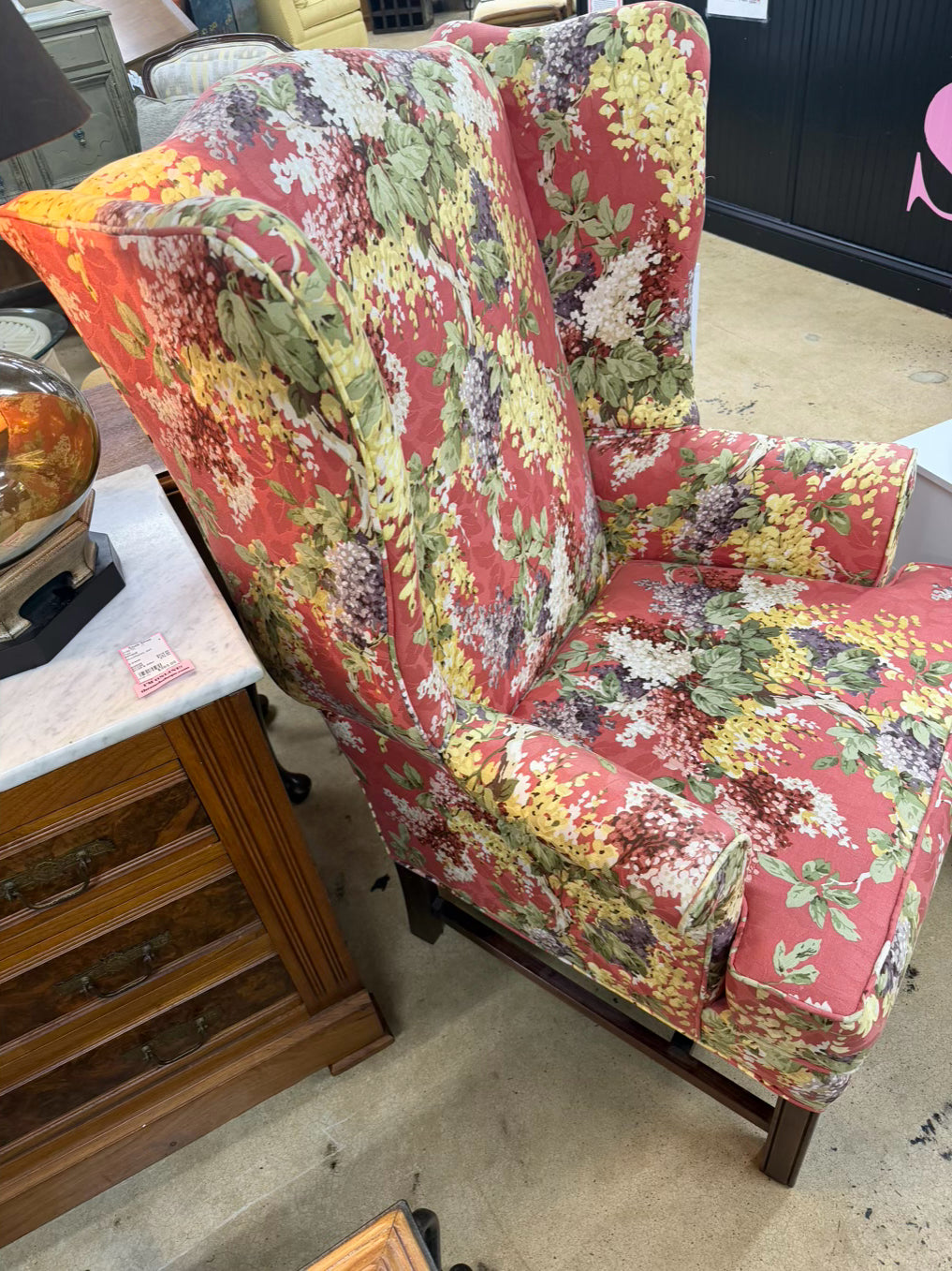 Salmon, Green & Yellow Floral Wing Back Chair