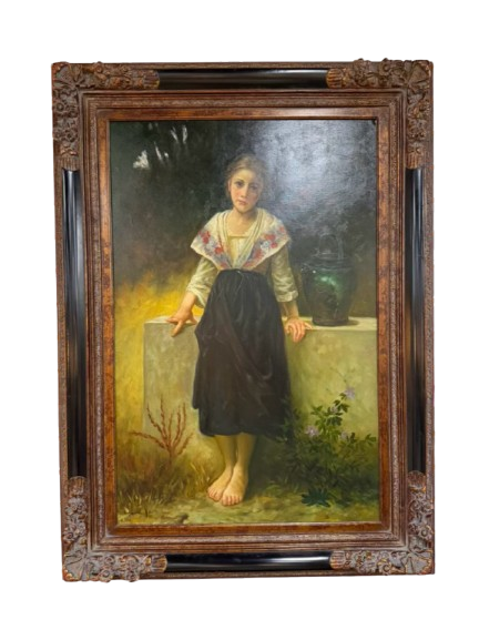 Girl With Jug Painting In Brown & Black Ornate Frame