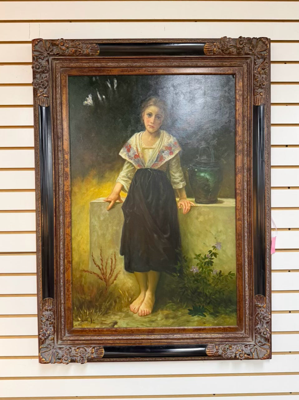 Girl With Jug Painting In Brown & Black Ornate Frame