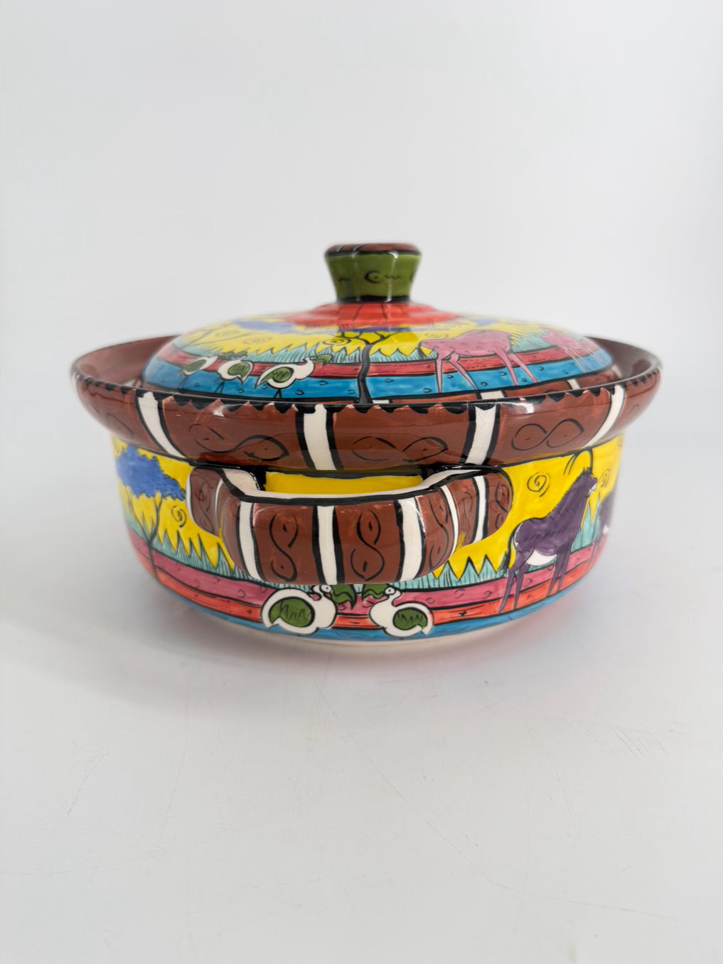 ZIMBABWE Multi Colored Hand Painted Jungle Animals Ceramic Casserole Dish