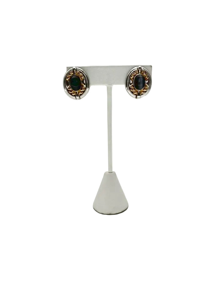 ST. JOHN Silver & Gold Tone Clip On Earrings w/ Black Gemstone