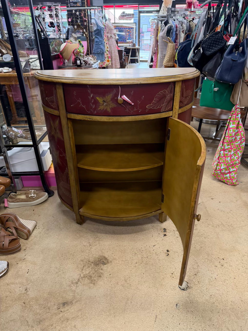 Red & Gold Demilune Birds Cabinet w/ Drawer