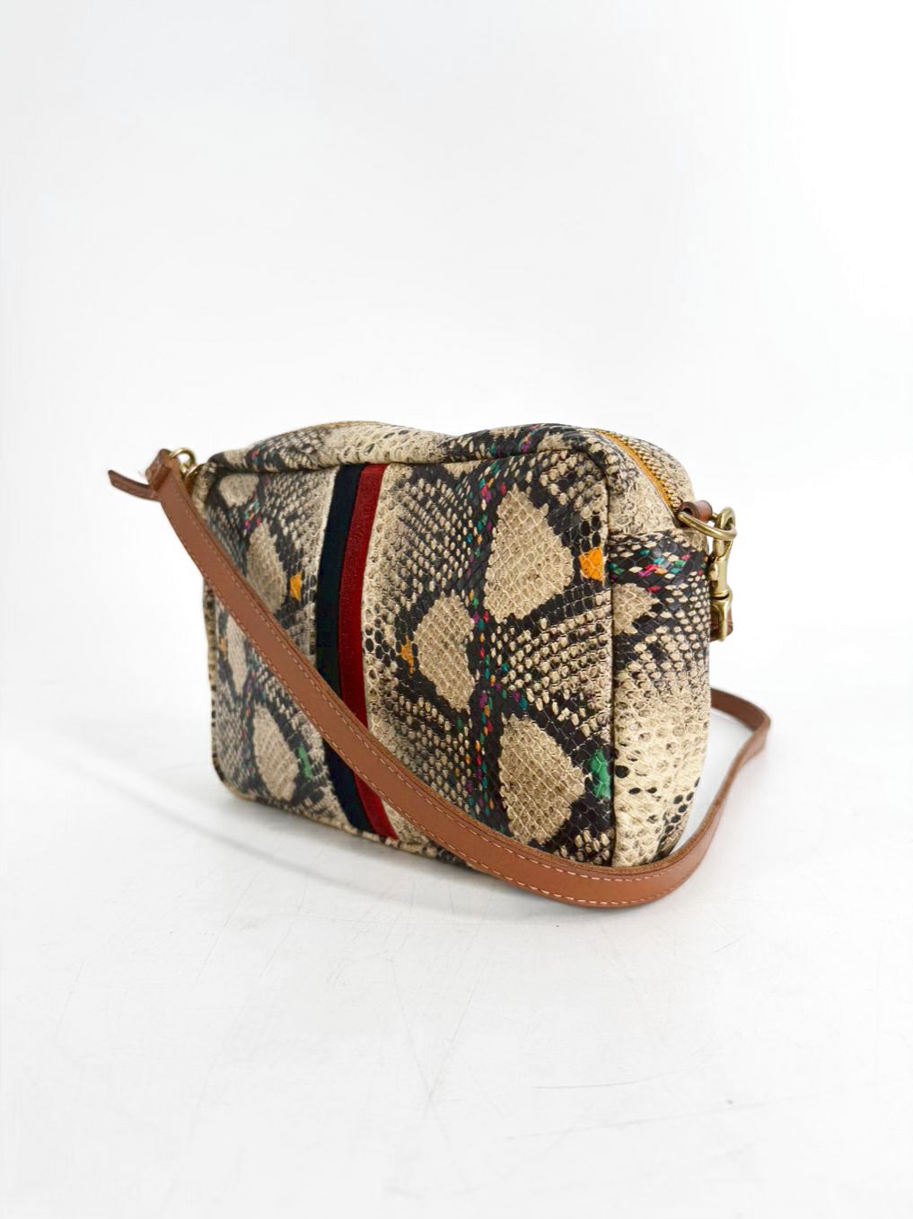 CLARE V. Midi Sac Navy & Red Stripe Snake Embossed Leather Crossbody Bag