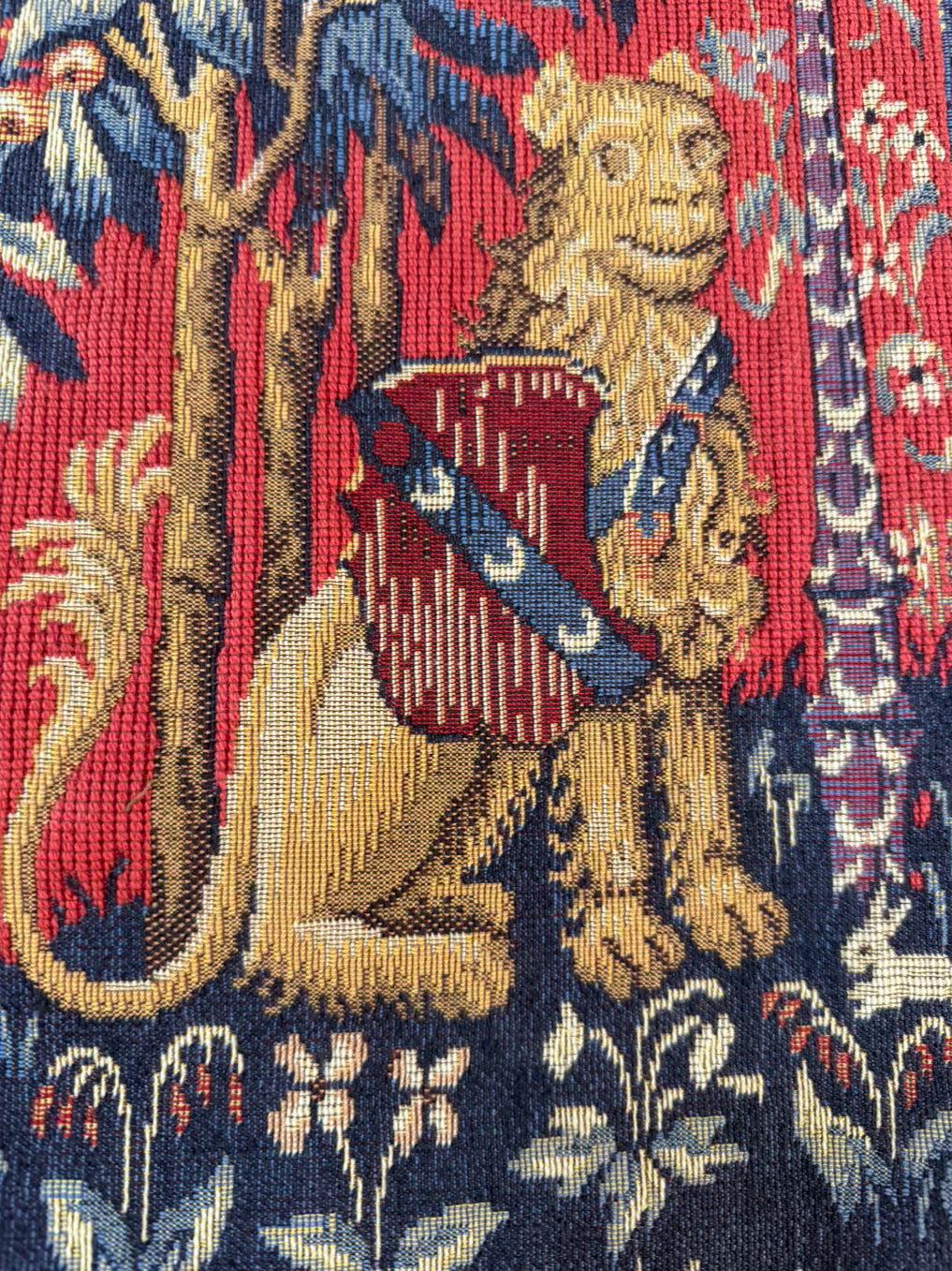 Red & Gold French Lady With Unicorn Fabric Tapestry