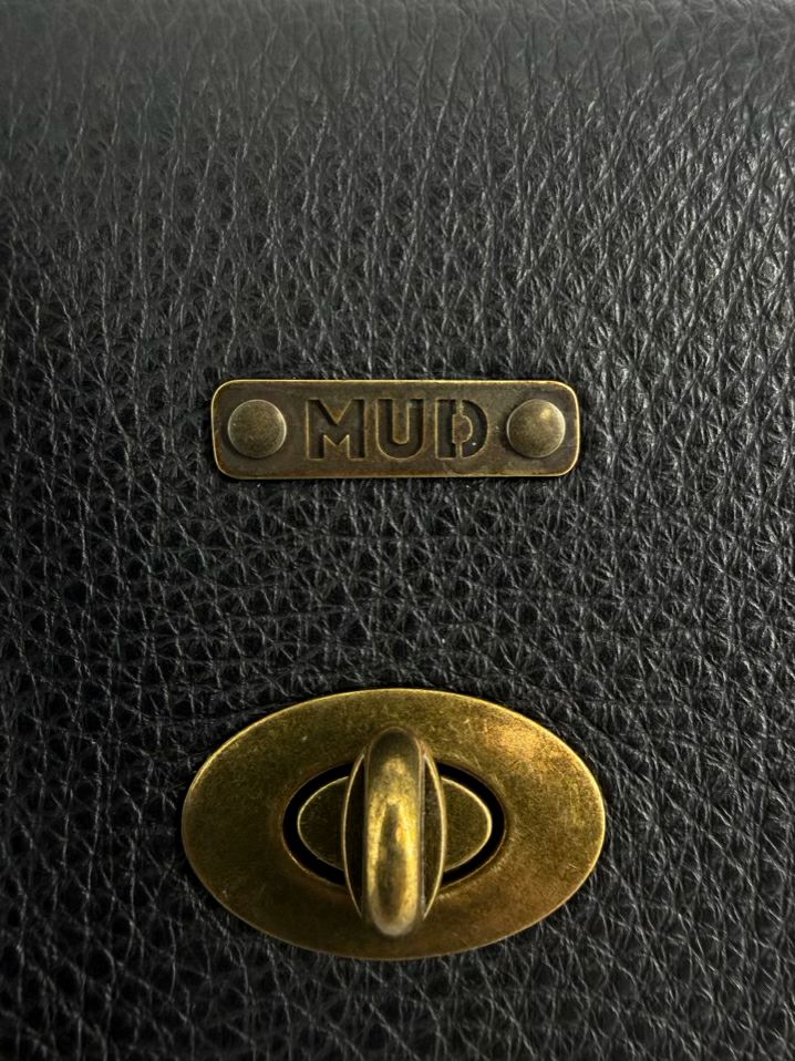 MUD Mini Pear Black Leather & Cork Crossbody Bag w/ Gold Tone Hardware