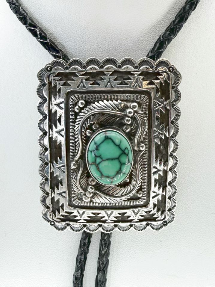 DELBERT SAUNDERS STERLING SILVER Stone Leather Bolo Tie Ornate Necklace