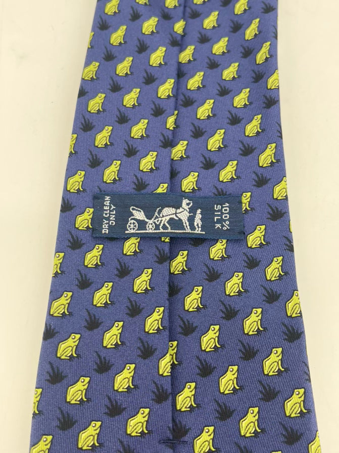HERMES Blue & Green Frog Motif Silk Tie