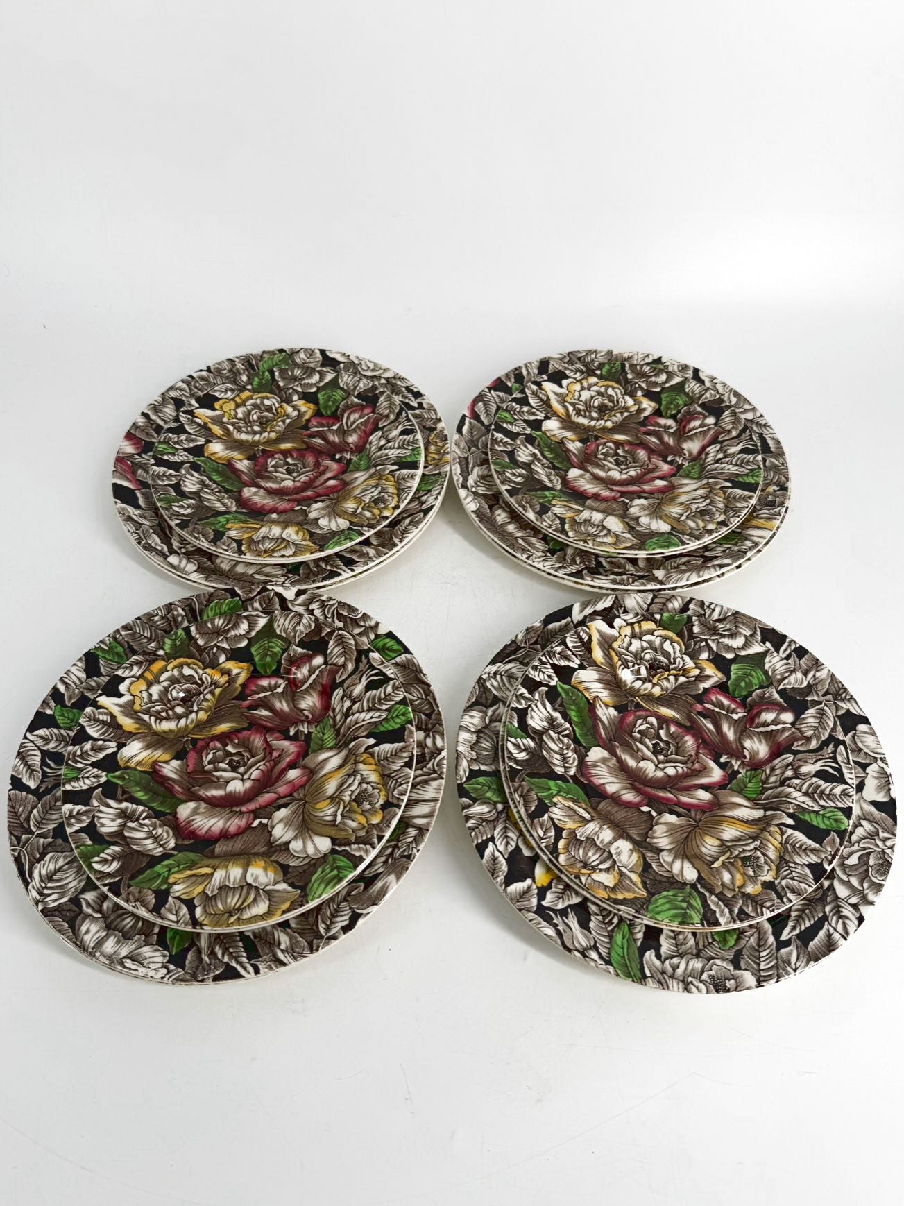 STAFFORDSHIRE Brown, Pink & Green Transferware Dinnerware Setting For 8 w/ 8 Salad Plates
