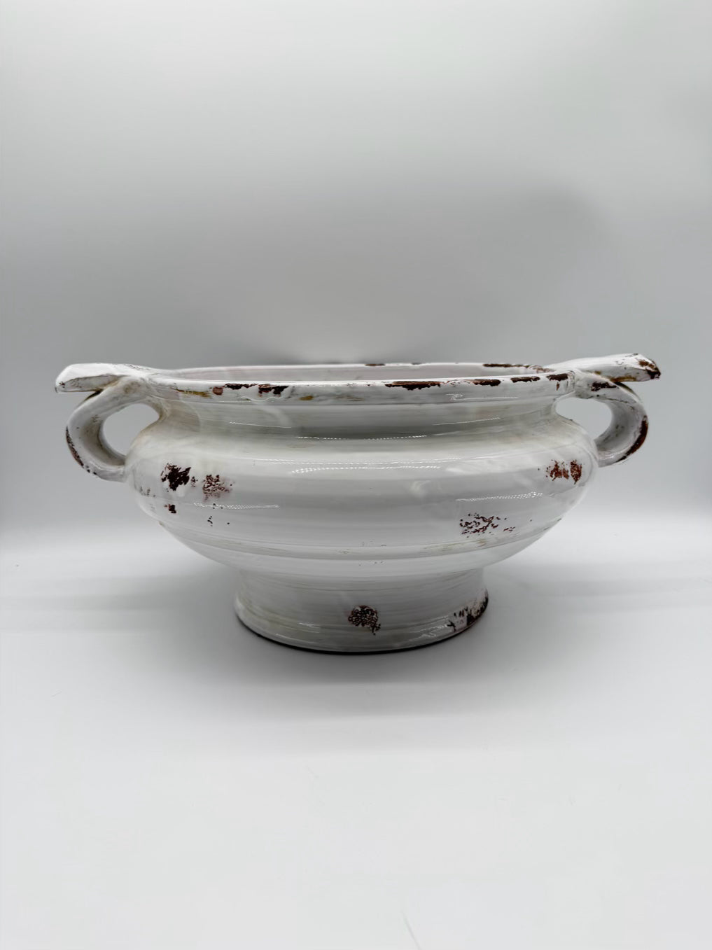 SIGNED FORTUNITA Olenonde Taddei White Pottery Large Round Bowl w/ Handles
