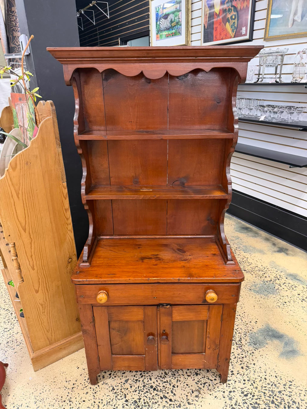 Wood Step Back Cupboard 2 Piece w/ Drawers & Shelves