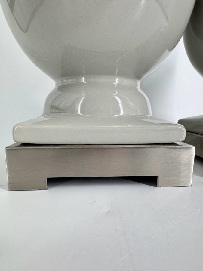 Gray Ginger Jar Pair of Lamps w/ Brushed Silver Bases