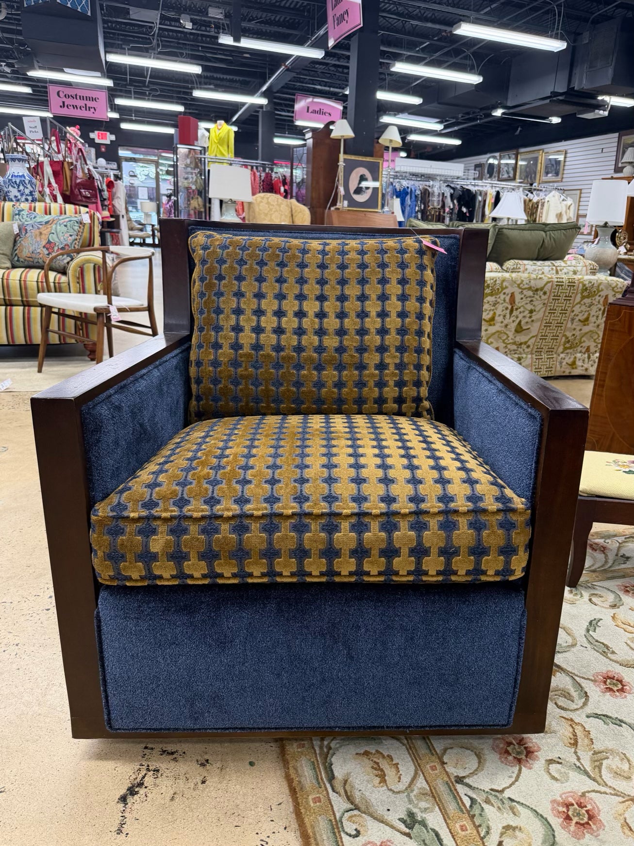HICKORY WHITE Blue & Gold Leather & Fabric Swivel Chair