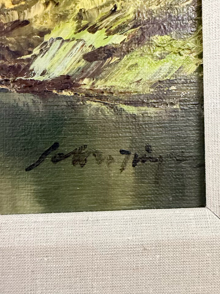 SIGNED Rural Country Landscape Painting In White Wash Vintage Frame