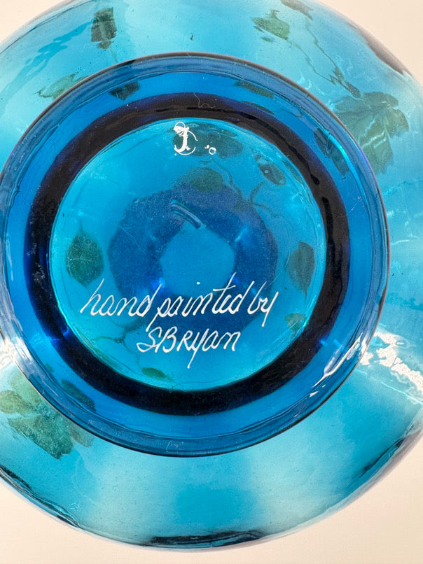 FENTON S. BRYAN Blue Glass Hand Painted Flowers Vase