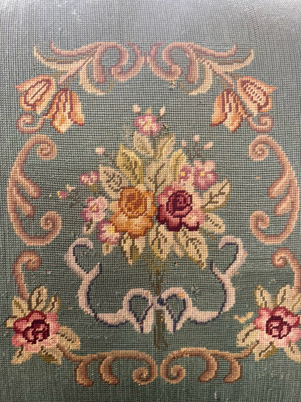 Blue & Pink Wood Queen Ann Chair w/ Needlework