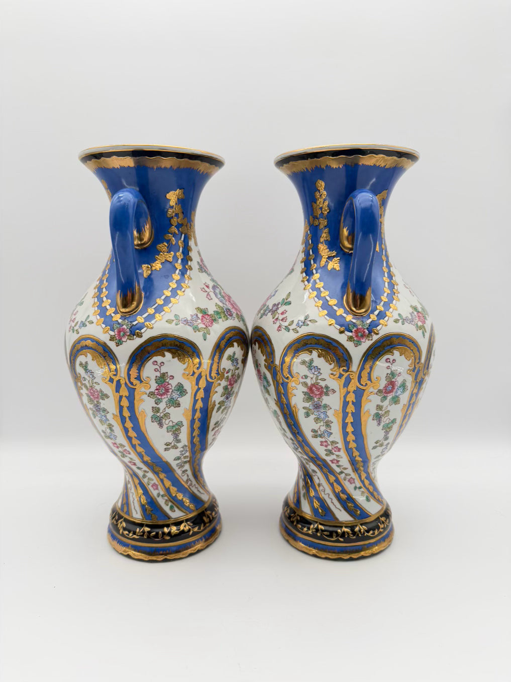 Blue, White, Pink & Green Amphora Floral Porcelain Pair Of Vases w/ Handles