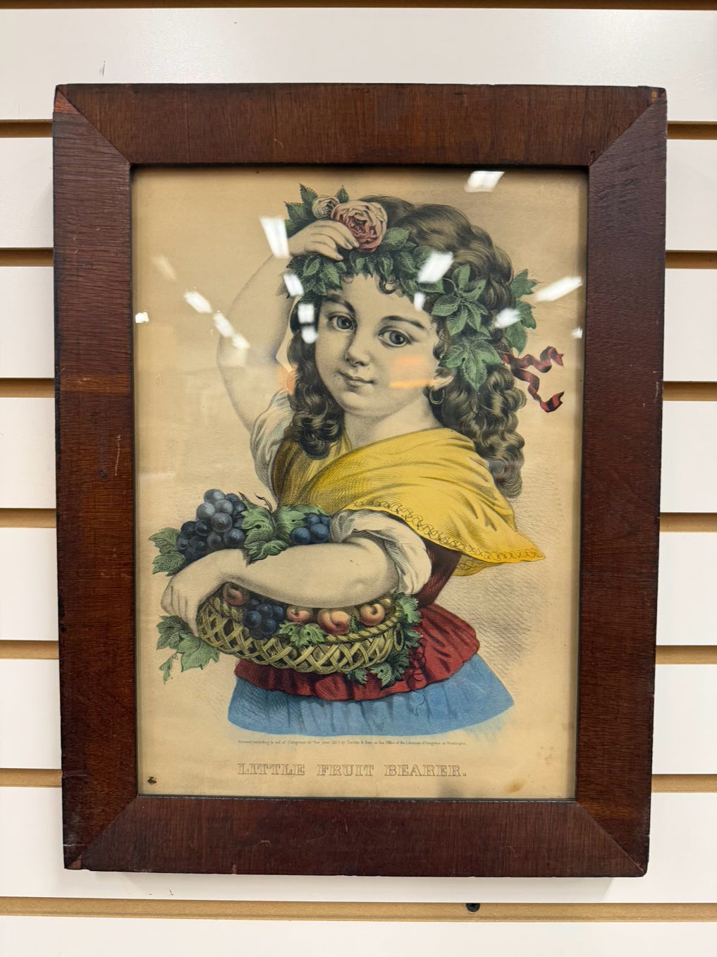 CURRIER & IVES Hand Colored Little Fruit Bearer Lithograph In ANTIQUE Brown Frame