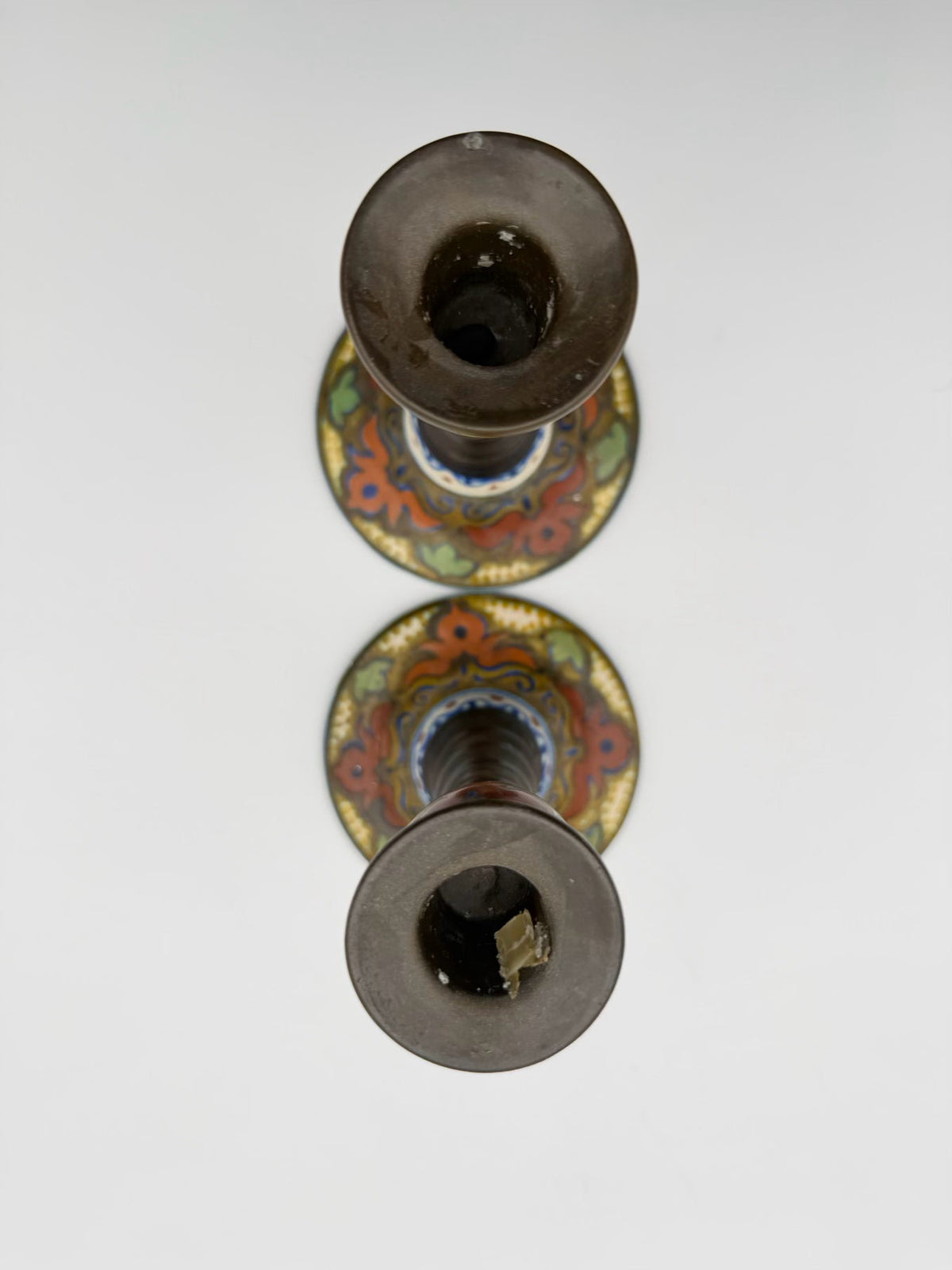 ANTIQUE HOLLAND Gouda Brown, Blue & Orange Pottery Pair Of Candleholders