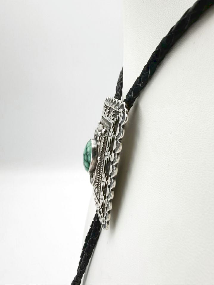 DELBERT SAUNDERS STERLING SILVER Stone Leather Bolo Tie Ornate Necklace